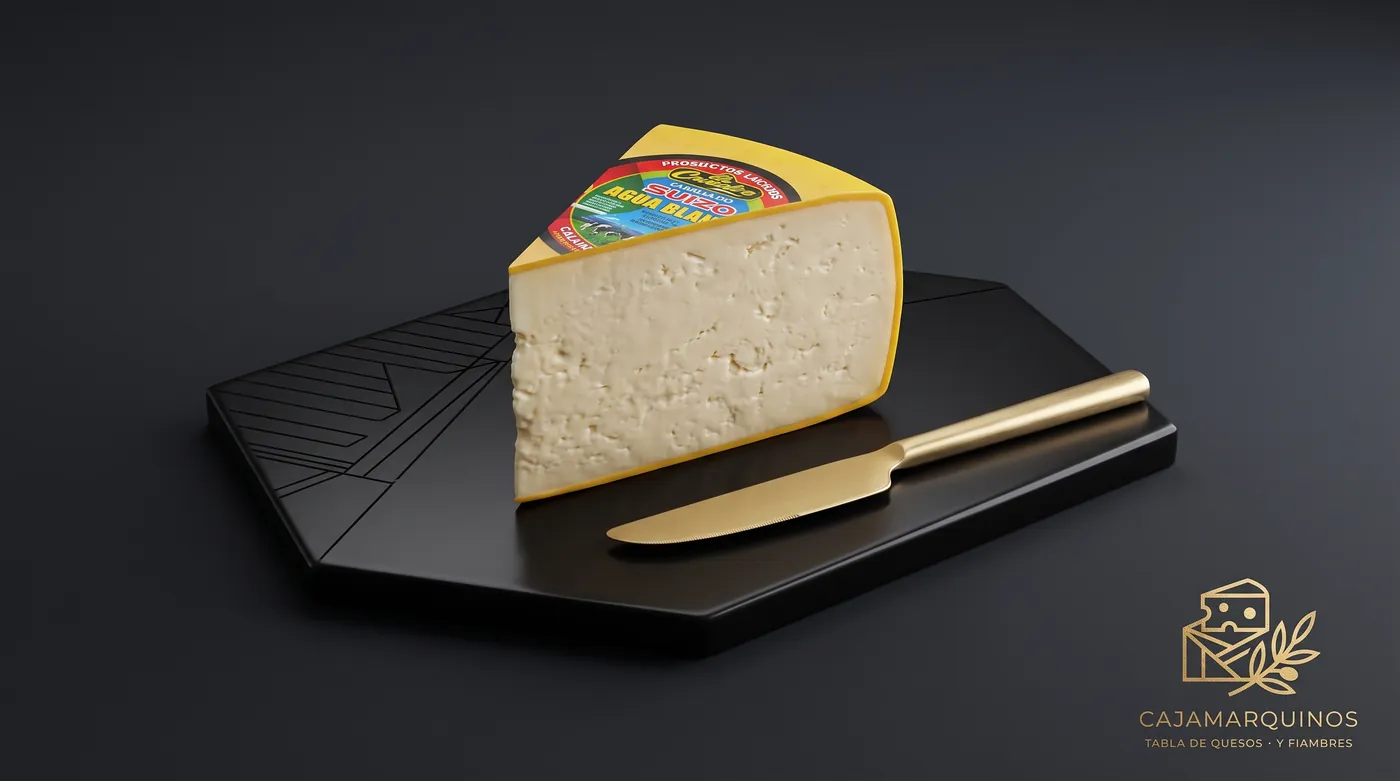 Cuña de queso suizo Agua Blanca sobre pizarra